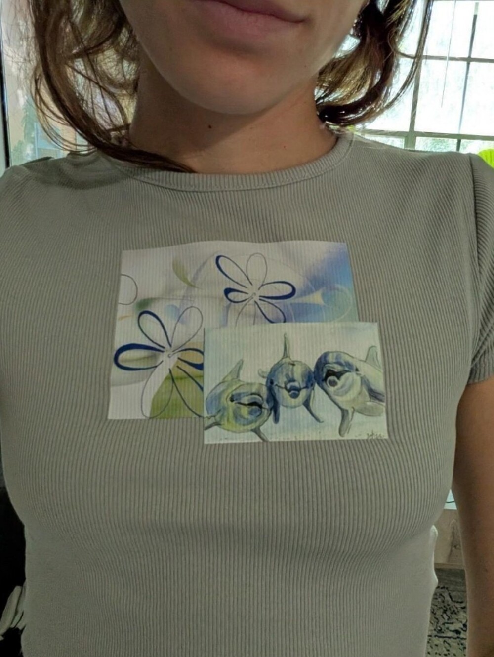 H&M Sage Green Ribbed Short Sleeve Tee with 90s Inspired Floral & Dolphin Print